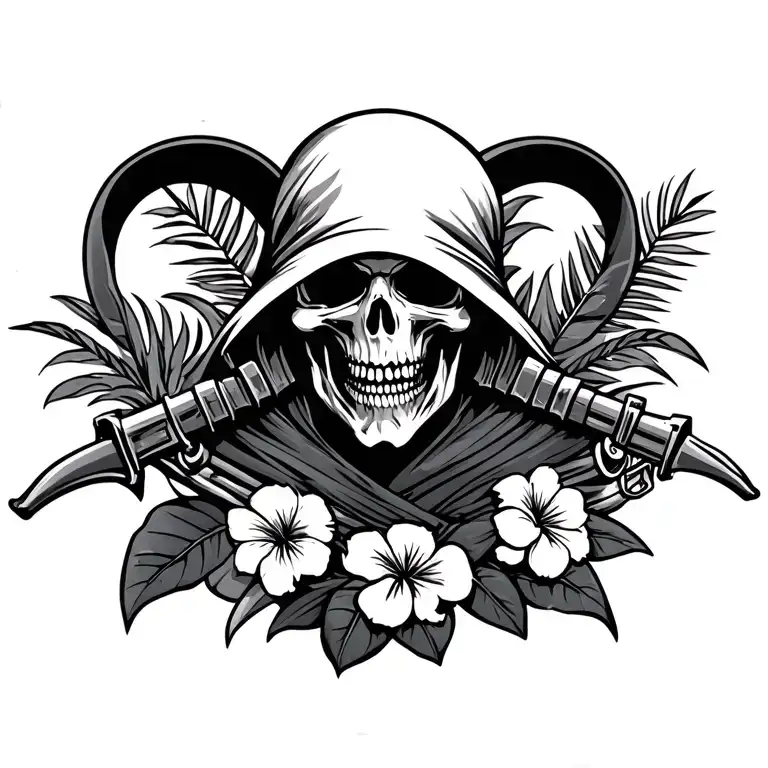 tactical grim reaper with Hawaiian tribal patterns tattoo design idea