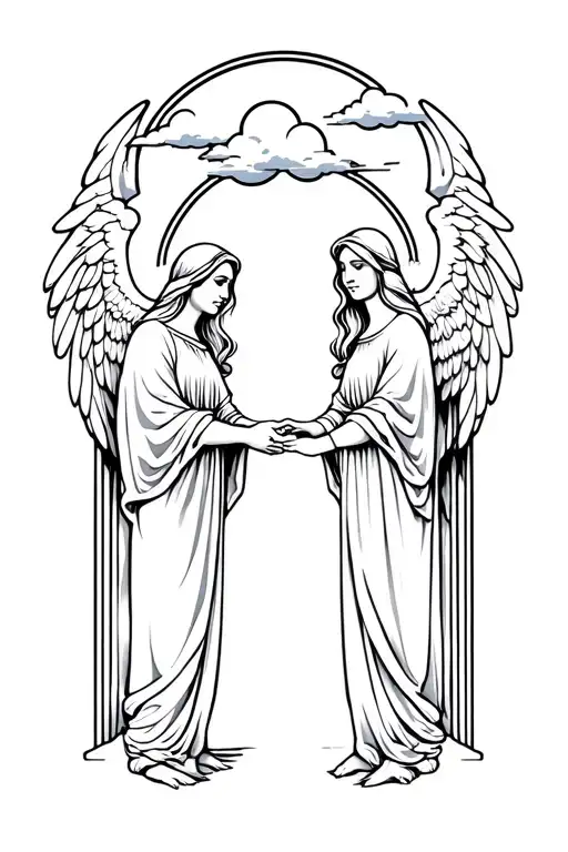 Niesha, clouds, heaven gates, angels holding hands tattoo design idea