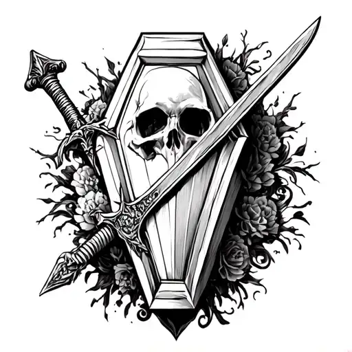 coffin and sword tattoo design idea