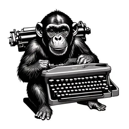 cute chimp sitting in front of typewriter, simple tattoo design idea