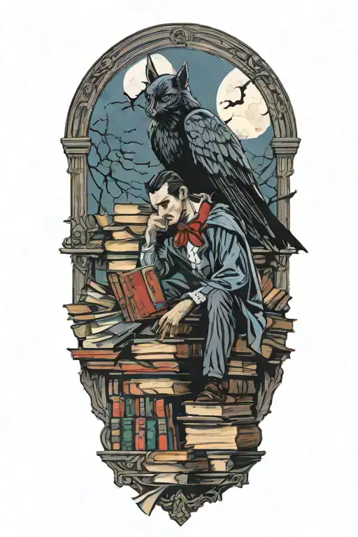 A vampire sitting atop of books. Full moon outside window. Bats flying and hanging. tattoo design idea