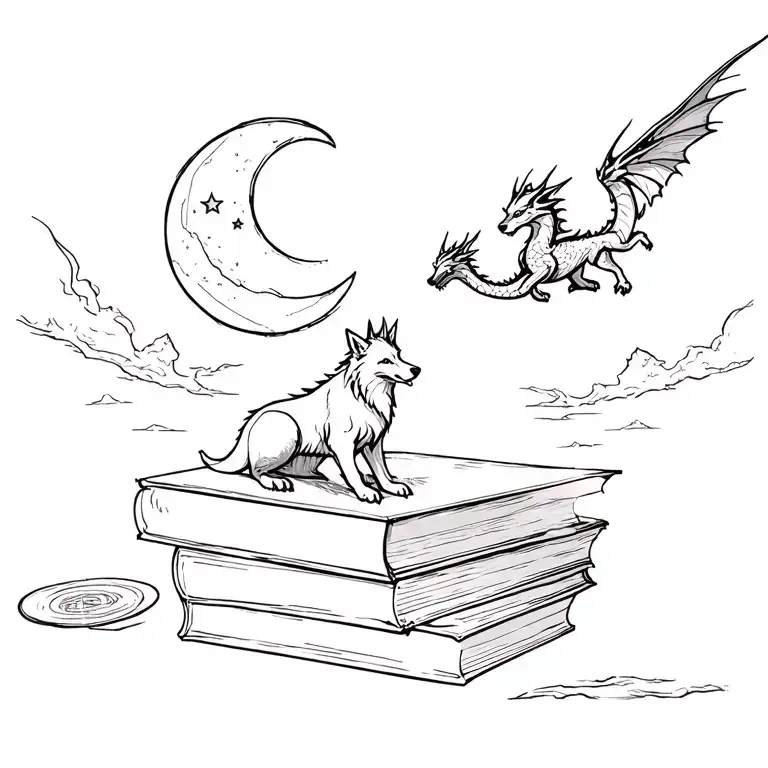 stack of bookswith wolf and moon, with 3 dragons flying on night sky tattoo design idea
