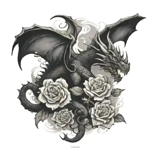 i want a black dragon emerging from a cave with smoke in it some roses and romen leters tattoo design idea