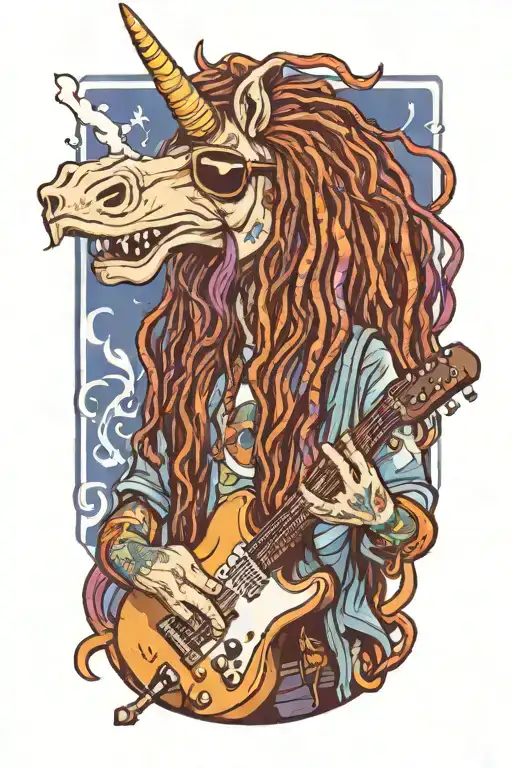 A hippy character unicorn with long dreads smoking a joint  and holding a guitar with sunglasses on, make it whimsical tattoo design idea
