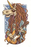 A hippy character unicorn with long dreads smoking a joint  and holding a guitar with sunglasses on, make it whimsical tattoo design idea