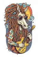 A hippy character unicorn with long dreads smoking a joint  and holding a guitar with sunglasses on, make it whimsical tattoo design idea