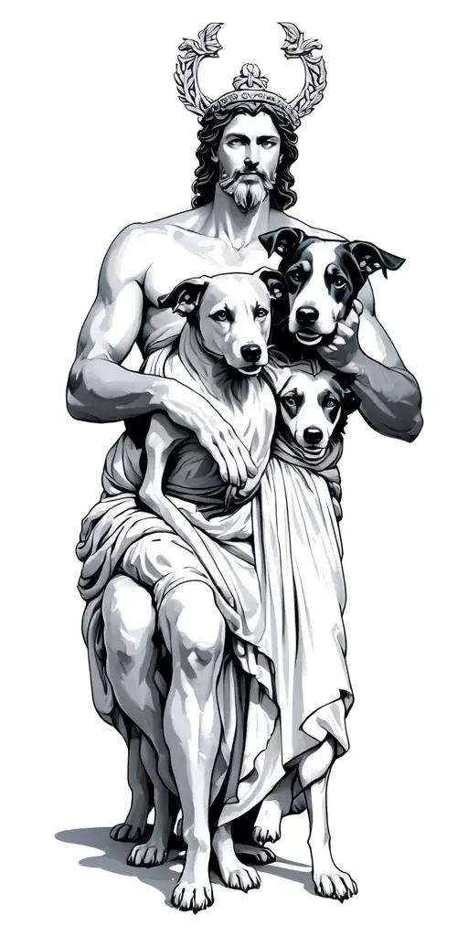 hades greek god holding 3 head dog sitting tattoo design idea