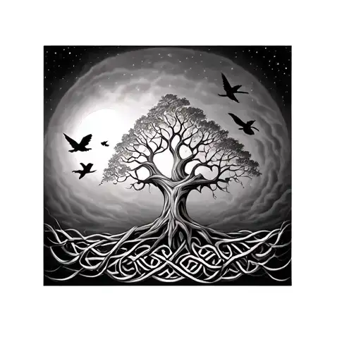 celtic tree of life with small birds flying out of it symbolizing the client's love tattoo design idea