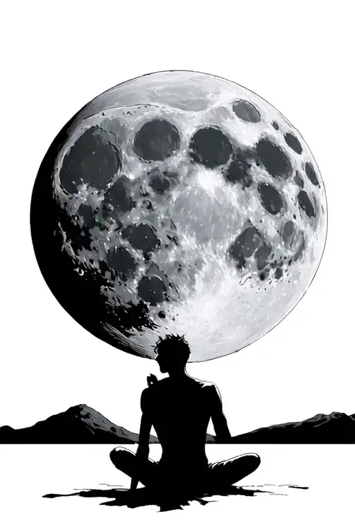 dark figure sitting in front of huge realistic detailed moon resting his chin on his fist looking up at it back facing tattoo design idea
