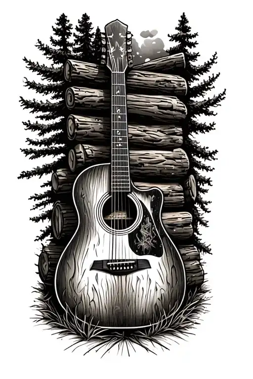 accoustic guitar surrounded by log cabin scene  tattoo design idea