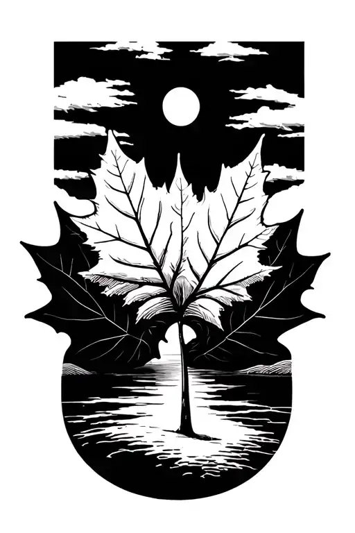 sun with maple leaf shaped like tattoo design idea