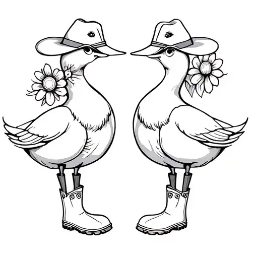 2 ducks facing eachother with gumboots, flower and cowboy hats tattoo design idea
