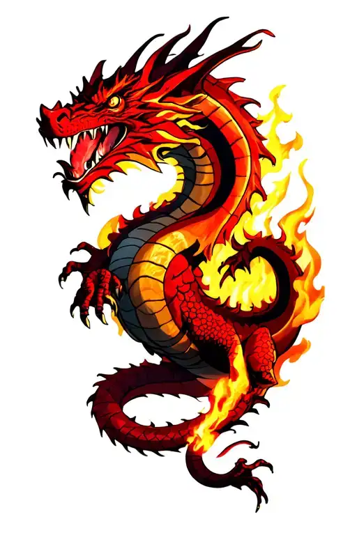 full body red dragon with fire in the background symbolizing wrath tattoo design idea
