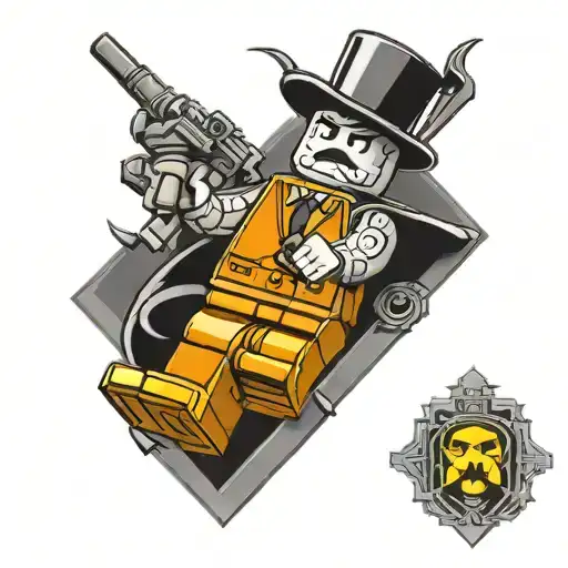 black and grey art deco lego man tattoo design idea