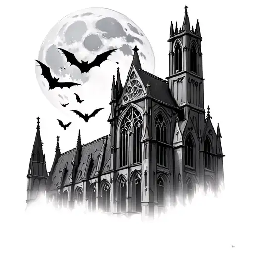 With gothic cathedral , the a full moon, swarm of bats, a swarm of and crows ,lighting hitting the cathedral, weathering tattoo design idea