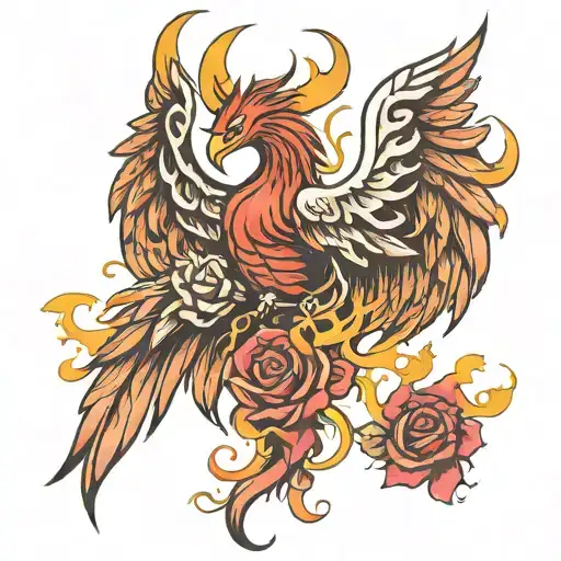 Phoenix rising wing both spread with flames and rose  tattoo design idea