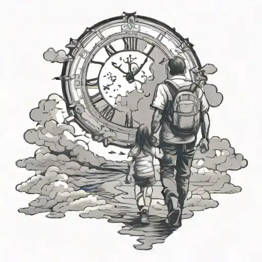 dad, daughter walking, clouds, star, clock, Gwilliam, tattoo design idea