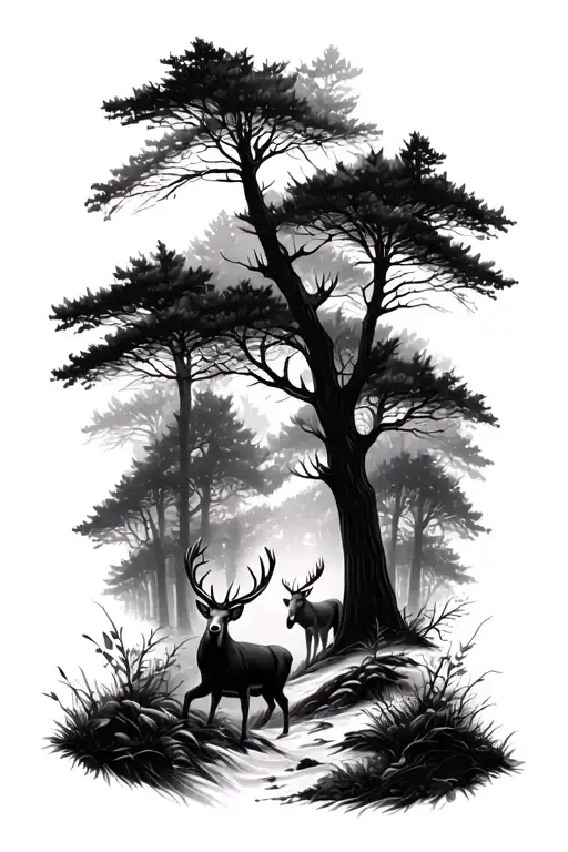 half sleeve realistic forest with deer walking out  tattoo design idea