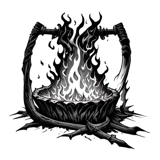 firery pit of hell beneath a bent bow of gods wrath tattoo design idea