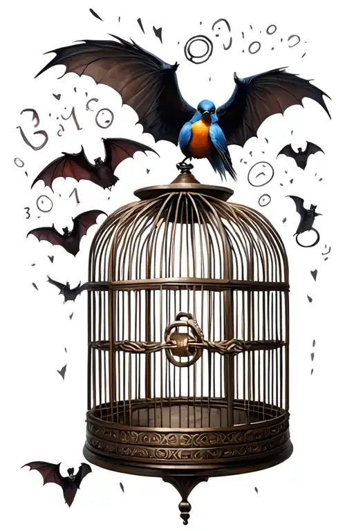 Bird cage, bats fly out, sign with coordinates from Bugojno (city in Bih) Four rings the second painted tattoo design idea