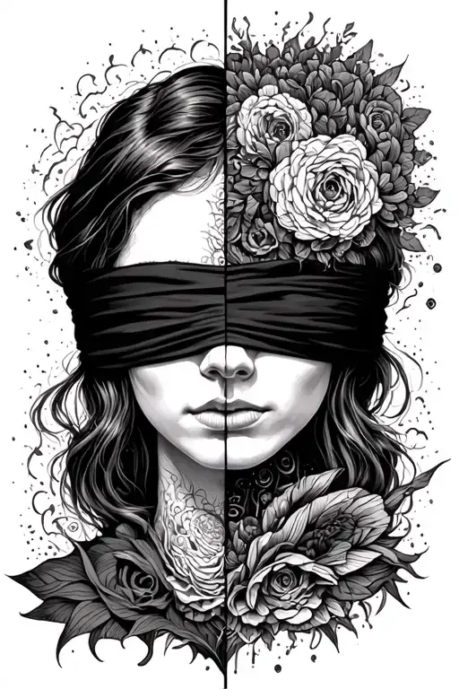 Blindfolded temida with a wage, one side is chaos, the other side is order. Around her a minimal amount of psychedelics. tattoo design idea