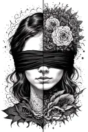 Blindfolded temida with a wage, one side is chaos, the other side is order. Around her a minimal amount of psychedelics. tattoo design idea