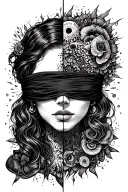 Blindfolded temida with a wage, one side is chaos, the other side is order. Around her a minimal amount of psychedelics. tattoo design idea