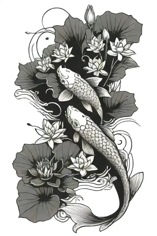 koi fish, Lilly pads, dainty flowers tattoo design idea