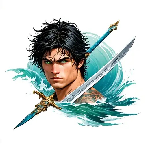 Percy Jackson, a Greek demigod with messy black hair, sea-green eyes, and olive skin and Riptide, the pen-sword  on his  tattoo design idea