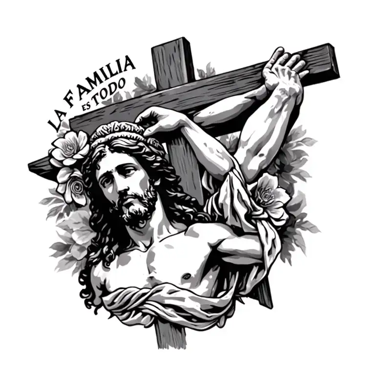 jesus on the cross and on the side inscription LA FAMILIA ES TODO bigger and get řiď of the arms  tattoo design idea