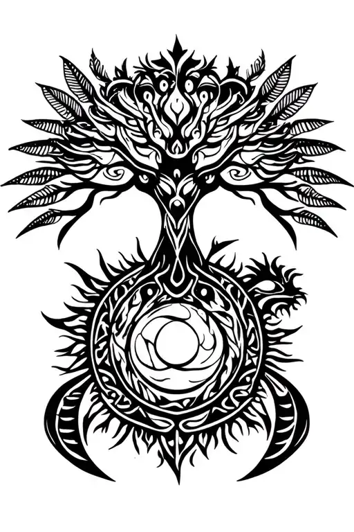 tribal design including army elements, tree of life, dna strand, goddess sun moon, dragon hawaiian island tattoo design idea