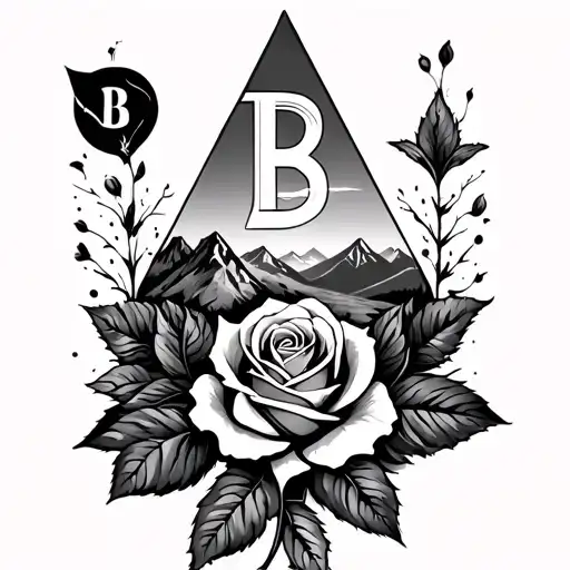 An arm tattoo that had the letter B, a rose, triangular fractals, and a silhouette of the Colorado flatirons tattoo design idea