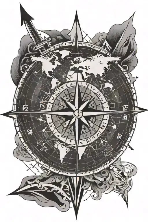 compass rose with geometric world map and arrows pointing to M and B tattoo design idea