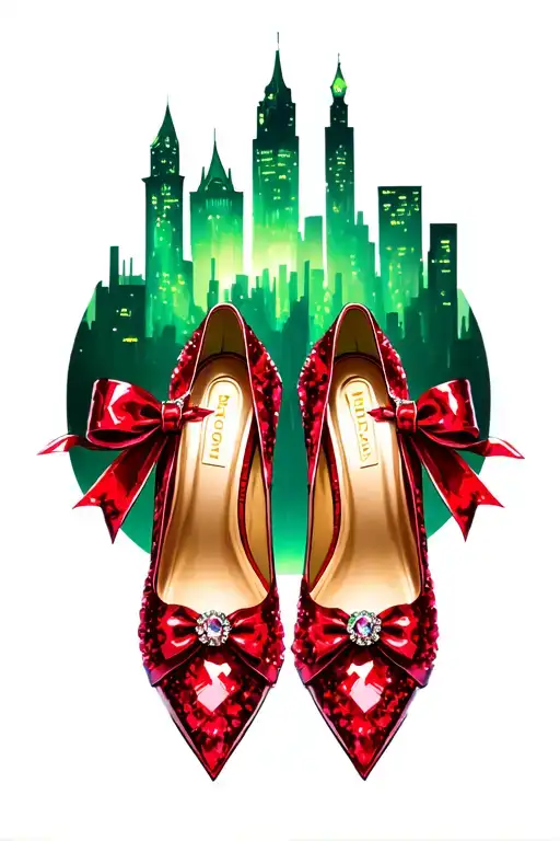 emerald city in background of two sparkly ruby slippers pointing left with bows on toes of shoes  tattoo design idea