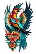 Quetzal bird wings spread tail wrapped around. tattoo design idea