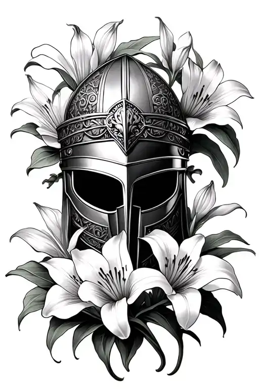 odysseus helmet surrounded with lily flowers growing tattoo design idea