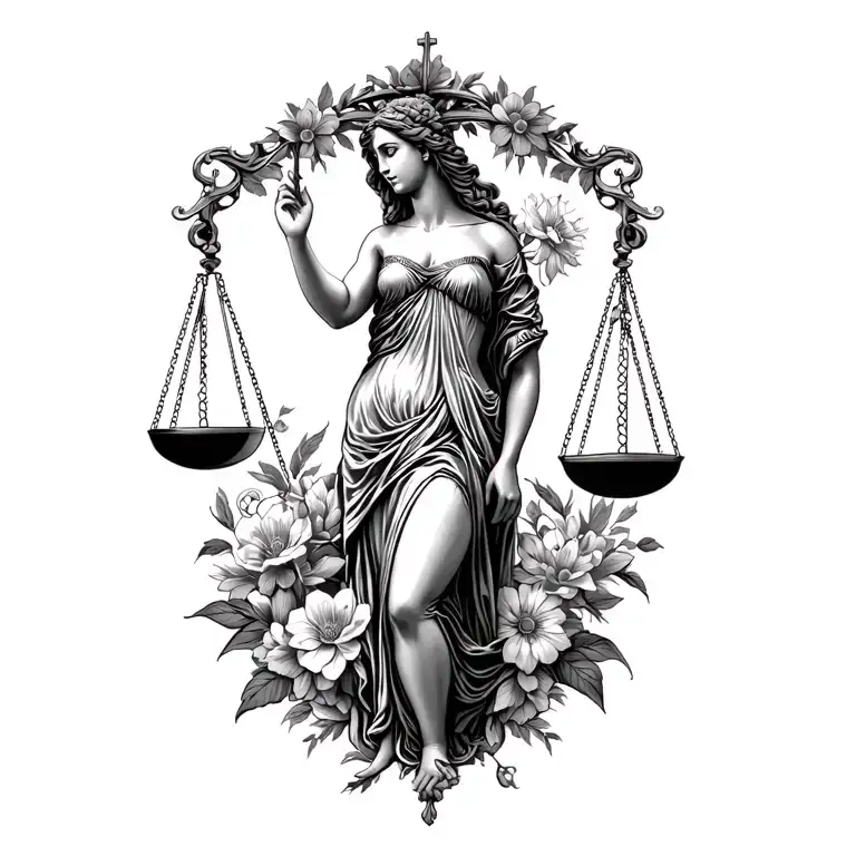 black Aphrodite holding Libra scales with flowers intertwined tattoo design idea