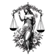 black Aphrodite holding Libra scales with flowers intertwined tattoo design idea