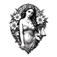 black Aphrodite holding Libra scales with flowers intertwined tattoo design idea
