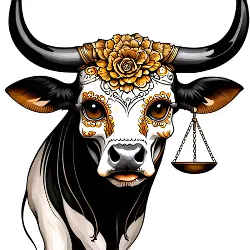 feminine bull with sugar skull markings, brown eyes and two Libra scales and dark background tattoo design idea