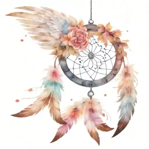 A dream catcher made of angel wings, representing between you and your angel baby with a broken clock tattoo design idea