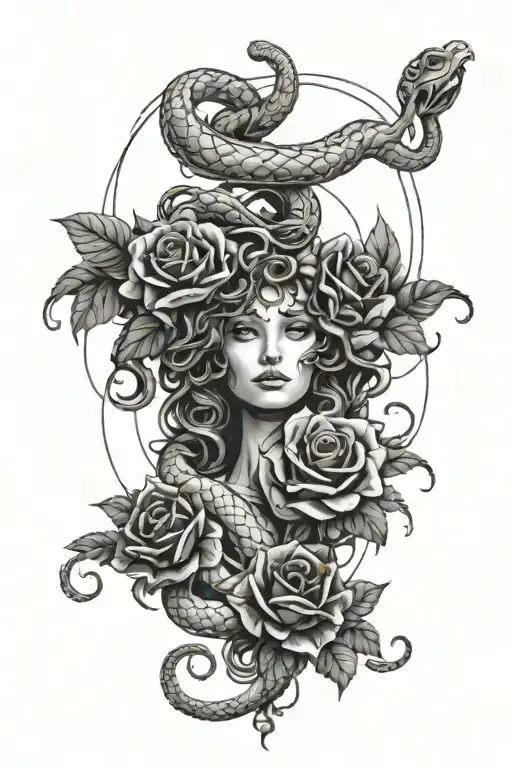 medusa head with snakes wrapped and roses tattoo design idea