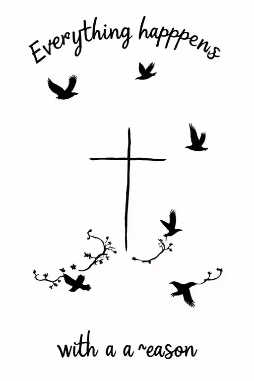 everything happens for a reason with with a cross and birds around it tattoo design idea