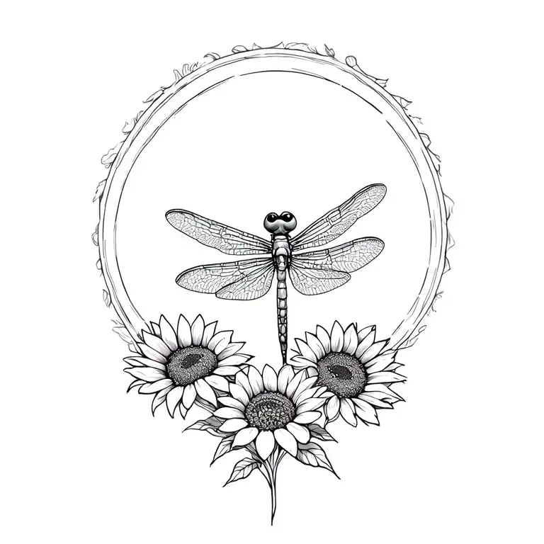 Dragonfly with halo flying over a sunflower blooming tattoo design idea