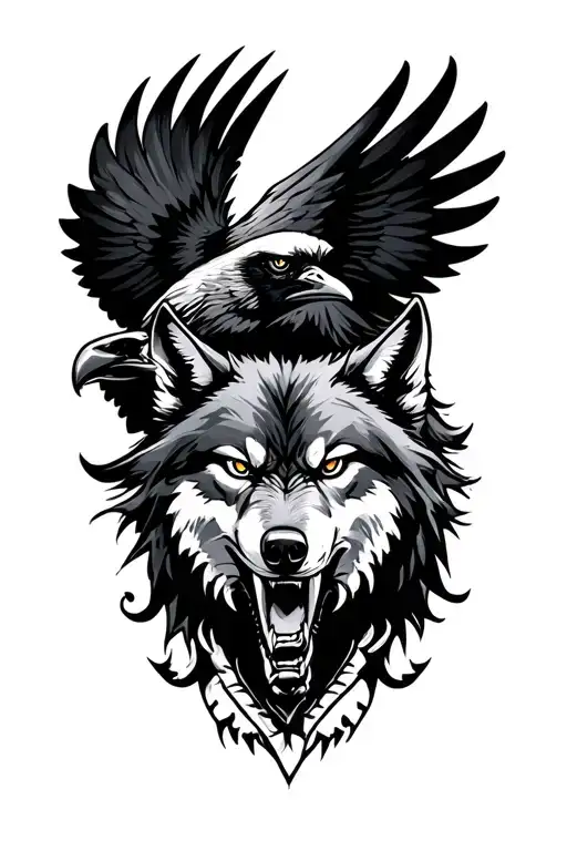 angry wolf and raven soaring tattoo design idea