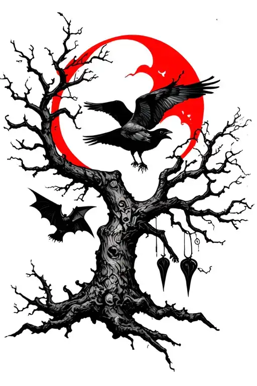 poison tree with red moon in the back and a raven flying, a crow sitting on the branch, and a bat hanging from another tattoo design idea