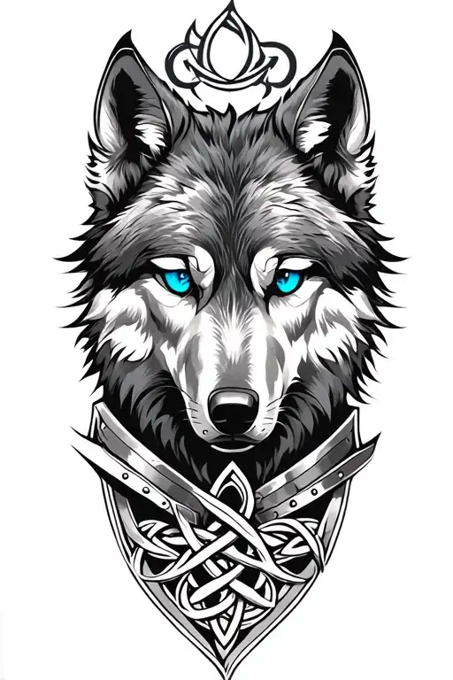 wolf with blue eyes on armor tattoo design featuring Celtic trinity knot  tattoo design idea