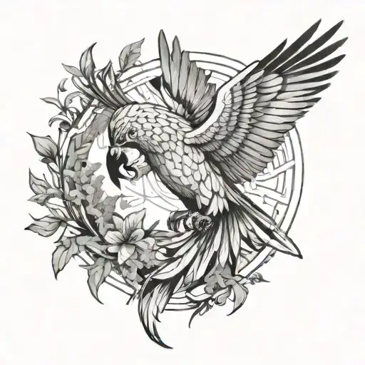 An abstract representation of a forex trading chart morphing into a parrot in flight, surrounded by plant motifs tattoo design idea