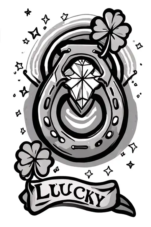 horseshoe with clover, diamond, stars, rainbow and inscription Lucky tattoo design idea