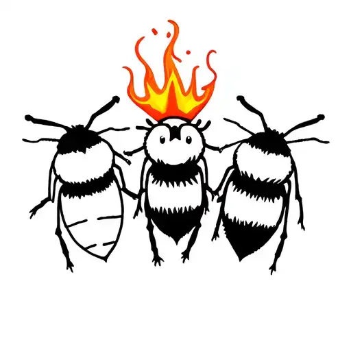 5 bees. 1 with burning head 1 with eyebrows 1 with crown 1 are crazy and last just cute tattoo design idea